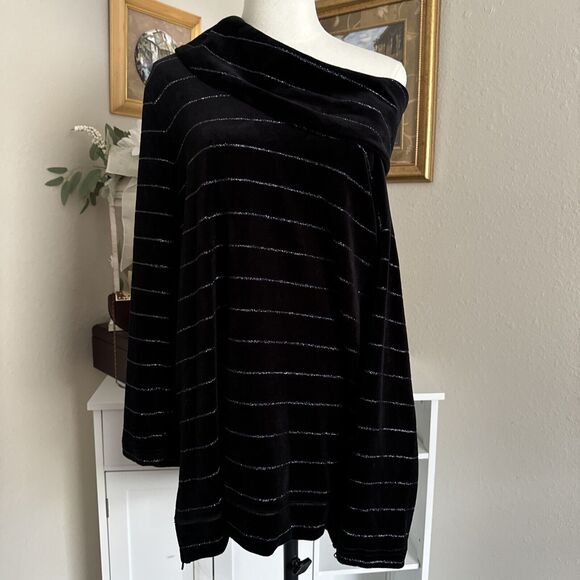 Talbots Women's Sweater Striped Velour Metallic Long Sleeve Sz L Cowl Neck - Picture 2 of 16